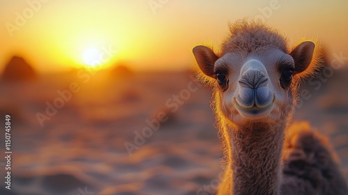 Curious camel calf gazes at sunset in a desert landscape