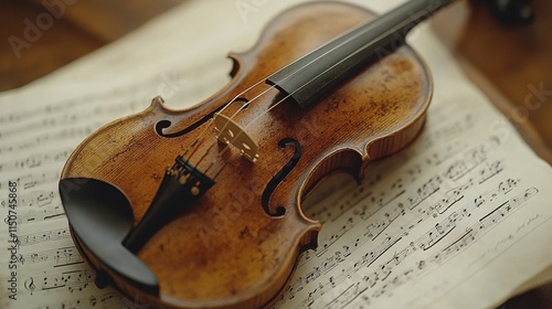 Violin resting on sheet music surrounded by glimmering lights during a serene...