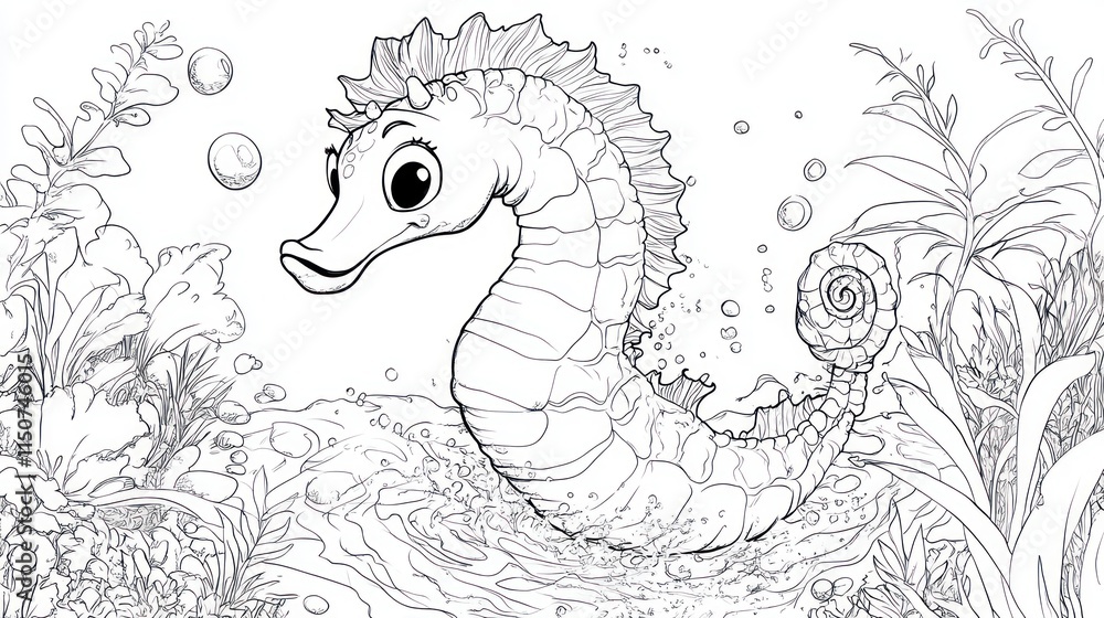 Fototapeta premium Colorful Cartoon Seahorse Splashing in Pond - Fun Coloring Book Page for Kids