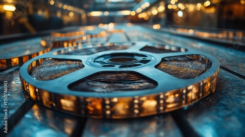 Artistic representation of a film reel surrounded by sparkling light effects