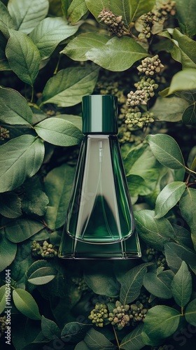 Elegant green perfume bottle surrounded by lush greenery in a tranquil outdoo...