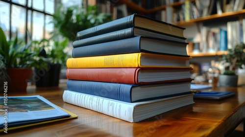 Colorful stack of books on a wooden table in a cozy reading nook with plants