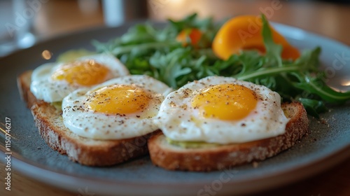 Delicious avocado toast topped with poached eggs on whole grain bread in a ru...