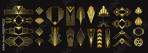 Golden art deco elements, luxurious decorative ornaments, creative geometric dividers and borders