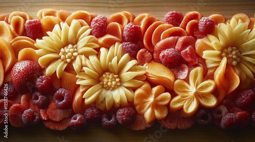 Colorful fruit platter arranged beautifully on a wooden board showcasing fres...