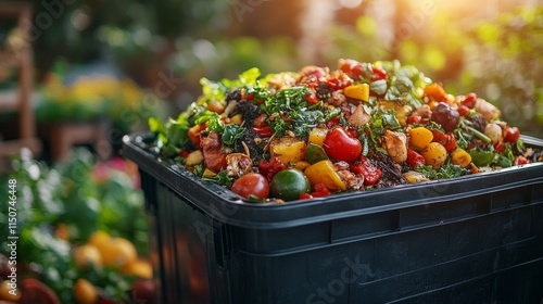 Colorful flower pot filled with organic mulch surrounded by vibrant blooms in...