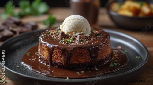 Decadent chocolate cake with ice cream served on a rustic wooden table