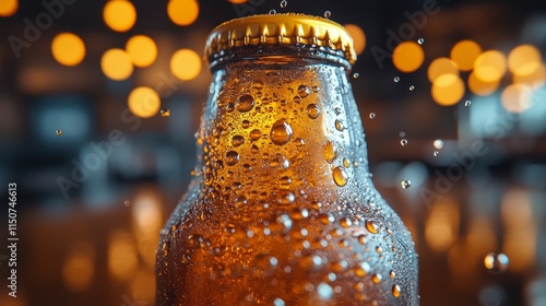 Refreshing beverage with droplets and bokeh background in dining setting duri...