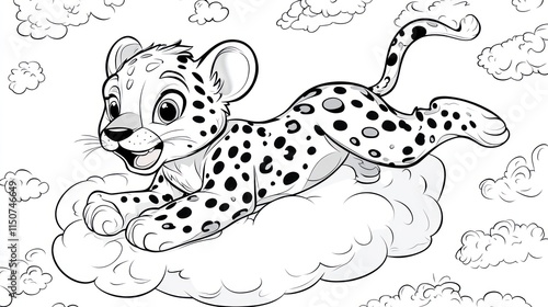 Cartoon Leopard Taking a Nap on a Cloud - Fun Coloring Book Page for Kids photo