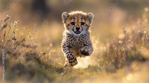 Cheetah cub plays joyfully among vibrant wildflowers in golden hour light