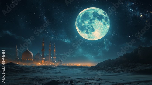 Majestic mosque illuminated at night under a full moon reflecting in water