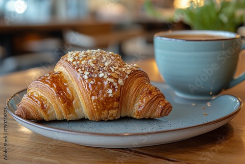 Morning coffee and croissant by the window with fresh flowers in a cozy setting