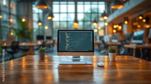 Home workspace with a computer setup during sunset hours creating a cozy atmo...