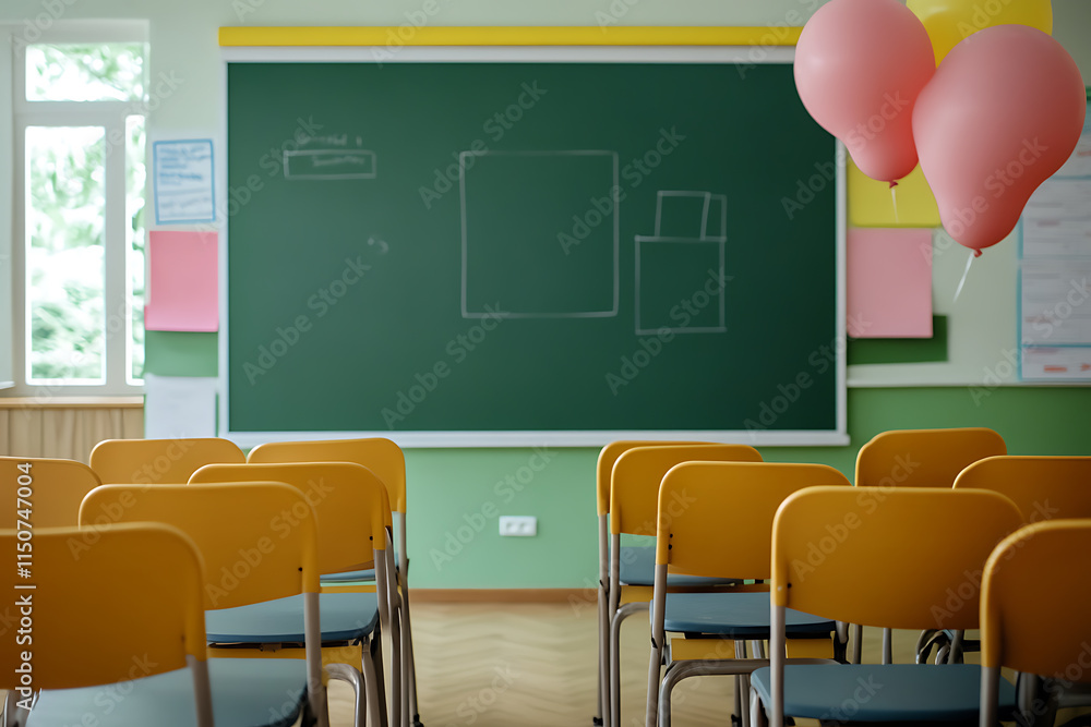 Empty Classroom with Chalkboard and Chairs - A Peaceful Learning Space Empty Classroom with Chalkboard and Chairs - A Peaceful Learning Space