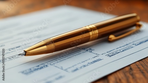 Golden fountain pen resting on a sheet of paper beside a wooden surface