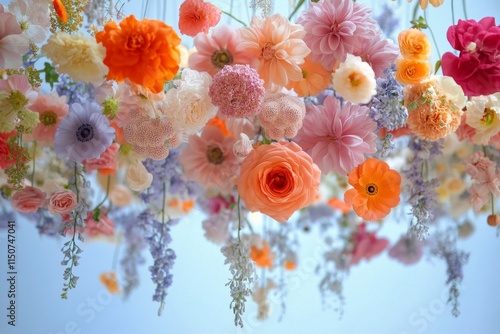 Colorful hanging flowers create a vibrant display in a bright, light-filled s...