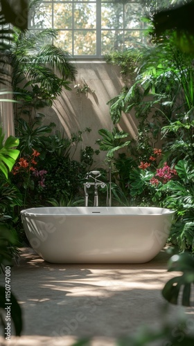 Luxurious bathtub surrounded by lush greenery in a serene indoor garden setting