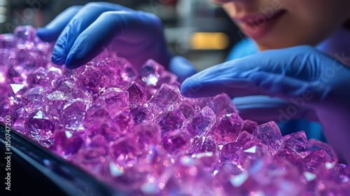 Expert hand inspecting bright pink synthetic gemstones in a laboratory setting