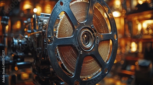 Vintage film reel showcases intricate mechanics in a dimly lit workshop at night