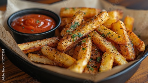 Delicious plate of loaded fries topped with fresh herbs and served with ketch...