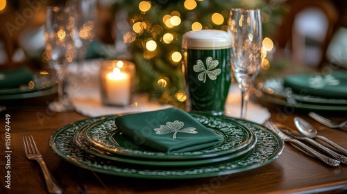 Festive St Patricks Day table setting with green decorations and candles