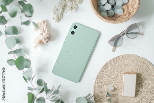 Bright feminine smartphone mockup with a mint notebook and eucalyptus leaves. photo