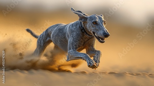 Dog runs energetically on a sandy beach with scattered grass in the background