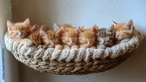 Cozy orange kittens peacefully sleeping in a woven basket at a sunny indoor s...
