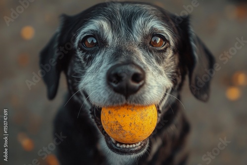 Happy dog holding a ball outdoors on a sunny day