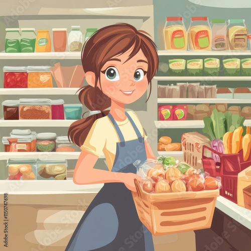 Vector Colorful Illustration of Cute Young Girl Buying Fruits: A cheerful image inspiring healthy eating and a love for fresh fruits. photo