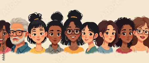 Illustration of Diverse Cartoon Characters Standing Together