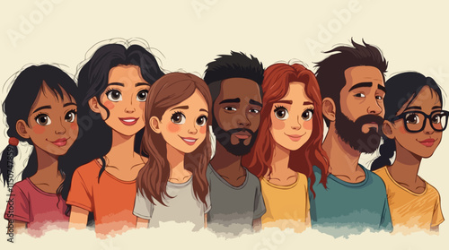 Illustration of Diverse Cartoon Characters Standing Together