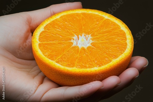 Holding a vibrant orange in a hand against a dark backdrop