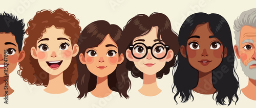 Illustration of Diverse Cartoon Characters Standing Together