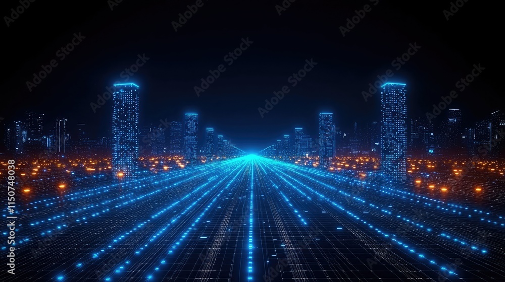 Fototapeta premium Futuristic cityscape with glowing blue lines and structures, evoking a digital landscape.