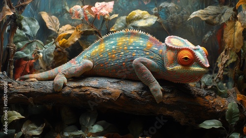 Colorful chameleon resting on a branch in a lush tropical environment