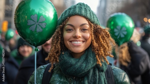 Celebrating St Patricks Day with green balloons in a lively city parade