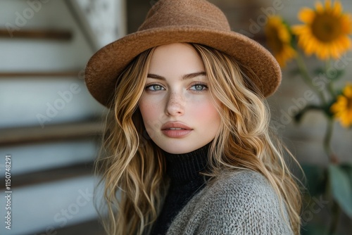 Young woman with hat poses near sunflowers in cozy indoor setting