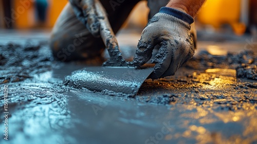 Worker applying finishing touches to a smooth concrete surface during evening...