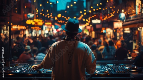 Vibrant outdoor music event in a bustling street with DJ performance at dusk