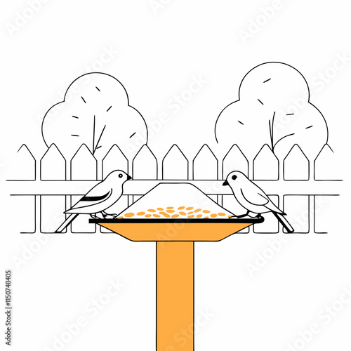 Birds Feeding on a Bird Feeder Surrounded by Trees and a Fence in Minimalistic Design