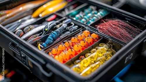 Tackle box filled with fishing gear and accessories at a lakeside workshop