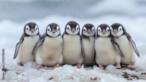 Charming group of baby penguins huddled together on an icy shore during winter