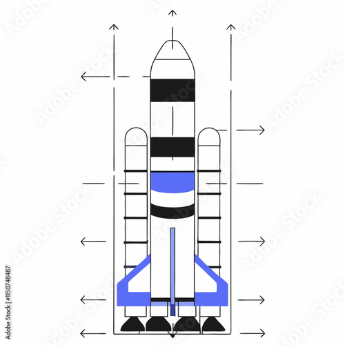 Stylized Rocket Design with Dimensions in Minimalistic Illustration