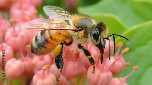 Close-up of a honeybee gathering nectar from a yellow flower on a sunny day i...