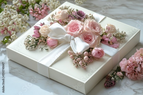 Elegant gift box adorned with pastel flowers and a satin ribbon on a marble b...