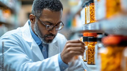 Pharmacist organizing medication bottles on shelves in a modern pharmacy setting