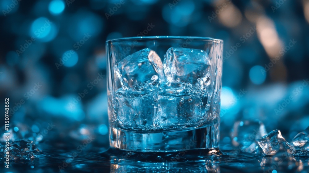 Refreshing Glass with Ice Cubes on a Vibrant Blue Background Refreshing Glass with Ice Cubes on a Vibrant Blue Background