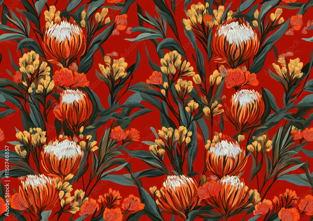 Vibrant orange protea flowers seamless pattern on red background Vibrant orange protea flowers seamless pattern on red background
