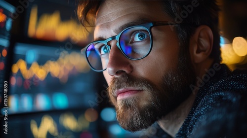 Young professional analyzing data on multiple computer screens in a modern of...